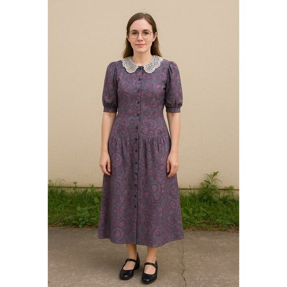 Vintage Gunne Sax Purple Paisley Puff Sleeve Crochet Cottage Maxi Dress Size 13 - Picture 1 of 10
